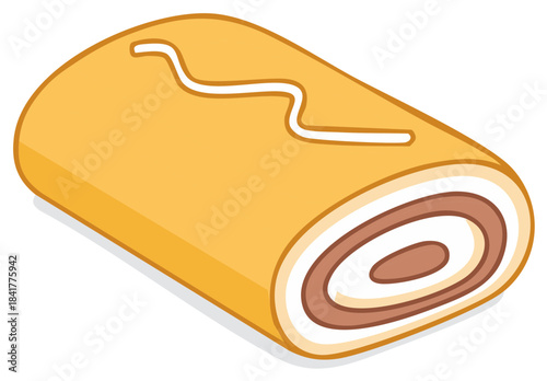 Isometric Swiss roll cake dessert with chocolate cream filling and icing vector illustration