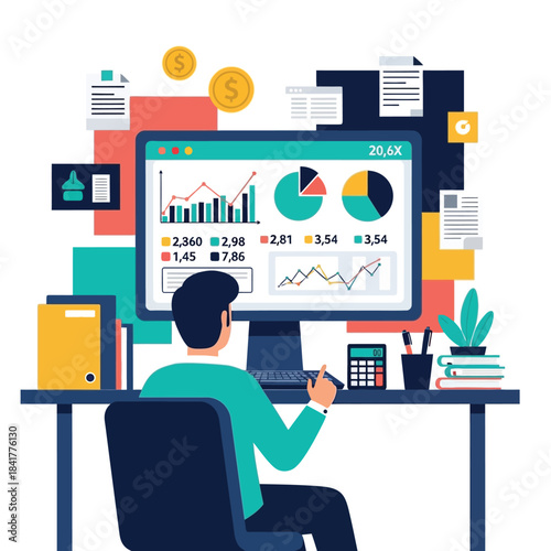 A business analyst reviewing performance metrics on a screen surrounded by documents, folders, and a calculator