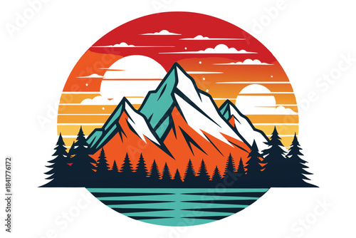 Beautiful mountain peaks and forest are visible beneath the radiant sunset on the horizon