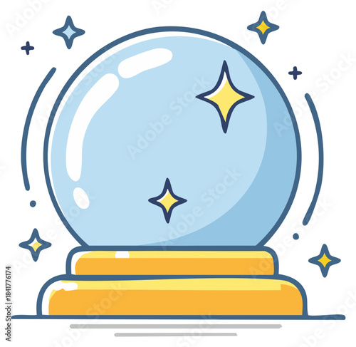 Crystal ball and stars illustration in light blue and yellow tones, fortune telling and future concept