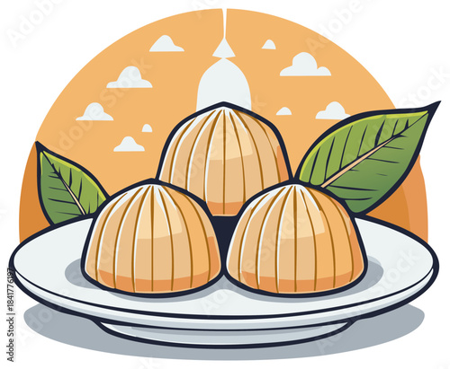 Traditional festive sweets on a plate with decorative leaves against a warm abstract background.