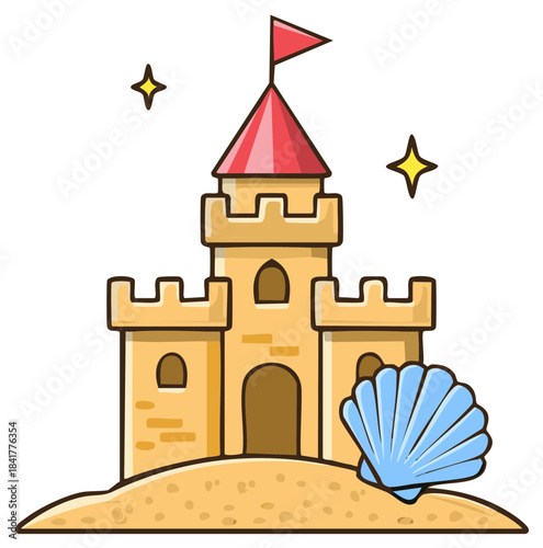 Cartoon Sandcastle Illustration with Flag, Seashell, and Stars on Beach Sand