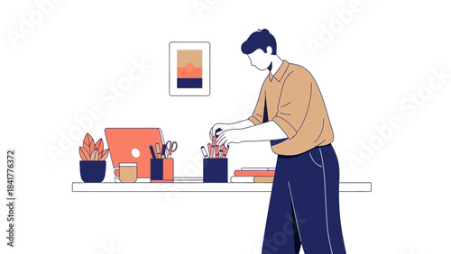Minimalist illustration of a man working on a desk and organizing pens and pencils