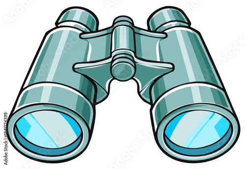 A detailed cartoon illustration of shiny blue binoculars for searching and exploration concepts