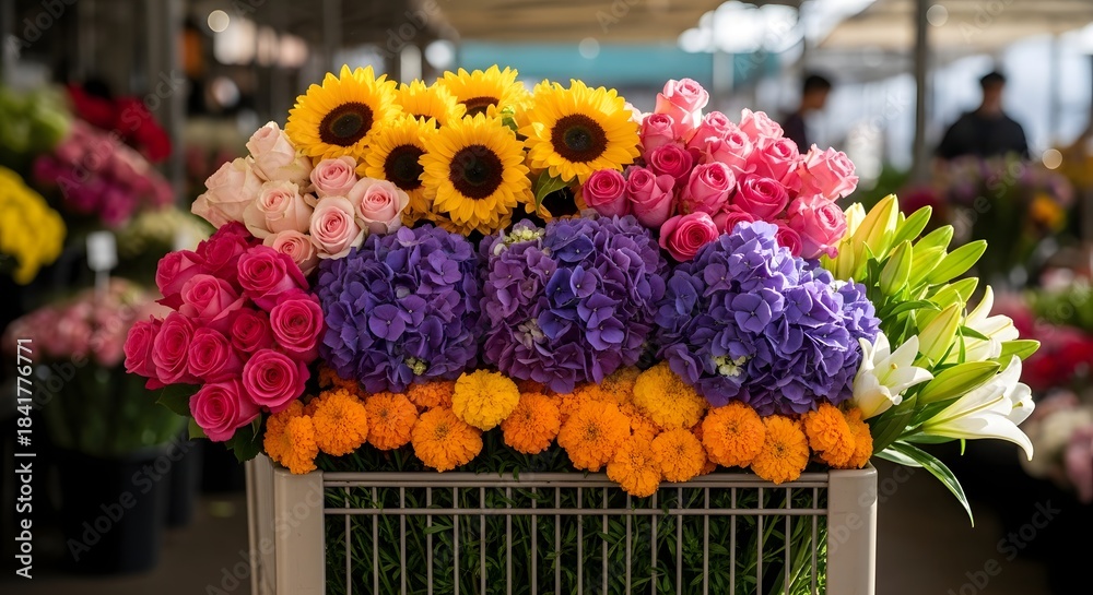 Fototapeta premium Colorful bouquet of sunflowers, roses, hydrangeas, and lilies in a cart at a market