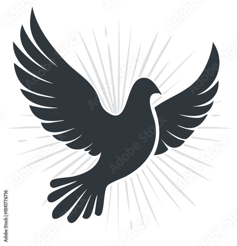 Stylized dove of peace and hope flying with spread wings and divine light rays