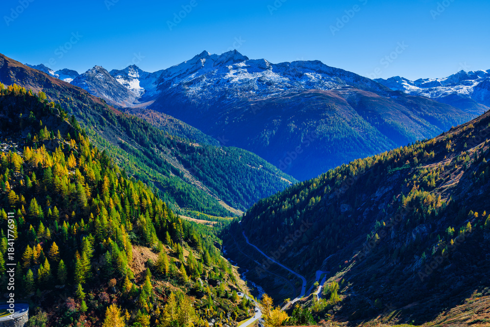 Fototapeta premium Winding Alpine Highway Through Nufenenpass Mountain Gorge