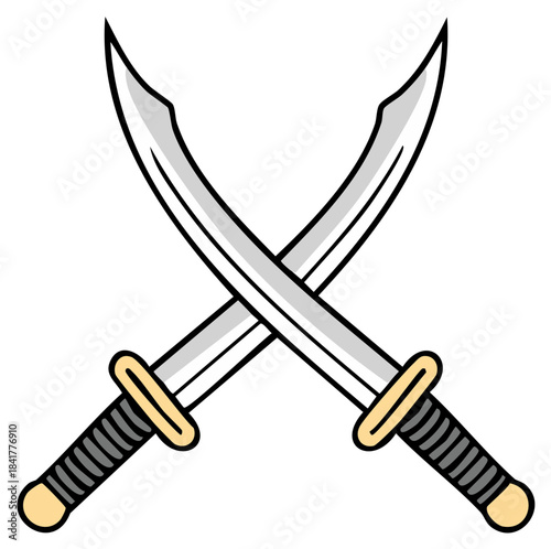 Two crossed cartoon scimitars, swords isolated, saber weapon design, pirate illustration, military battle emblem