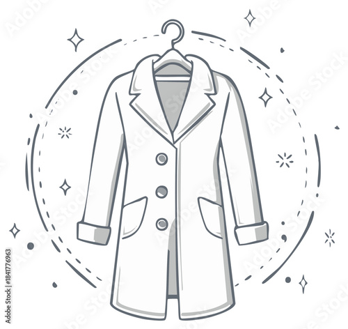Overcoat Hanging on Hanger With Dotted Circle, Stars, and Dashes Graphic, Isolated