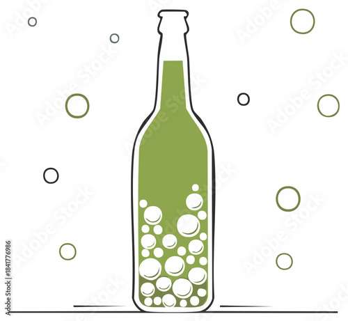 Green liquid in a bottle with floating bubbles