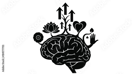 Brain with growing plants and arrows symbolizing mental growth, wellness, and self-improvement on white background