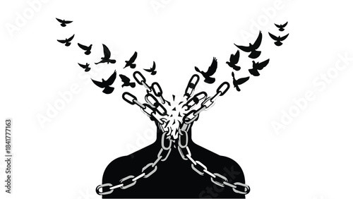Breaking free concept with silhouetted person head with chains shattering and birds flying out, symbolizing freedom and liberation