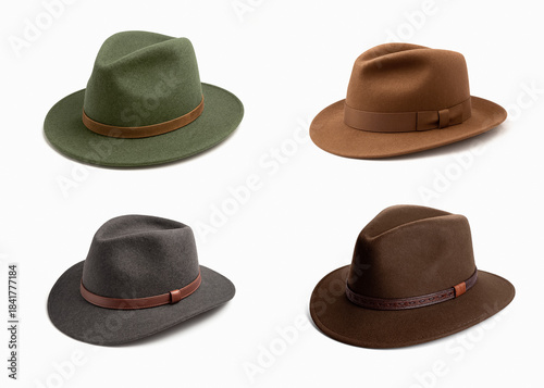 Set of Four Fedora Hats Isolated on White Background