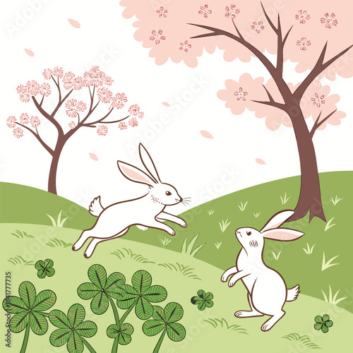 Two white rabbits playing in a green field with pink cherry blossoms and clover on a sunny day outdoors