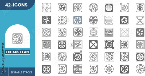 Exhaust Fan Editable Icon Set for Ventilation, Cooling Systems, Home Appliance UI Elements, Minimal Line Style for Designers