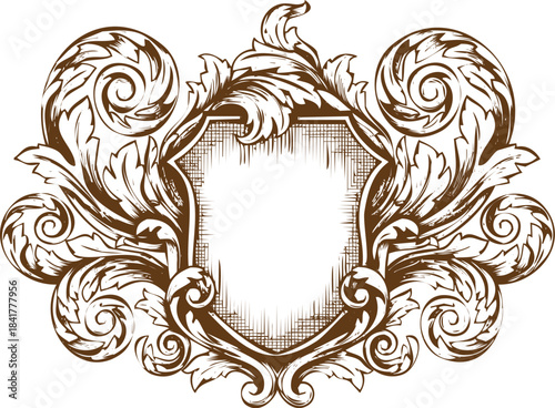An engraving art style illustration ornate vintage heraldic shield crest frame in baroque style, engraved antique emblem with detailed acanthus leaves