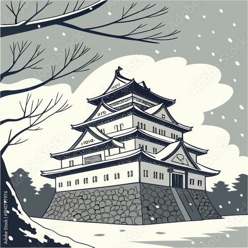 A serene japanese castle stands amidst snowcovered grounds with bare trees and a cloudy sky in a tranquil winter landscape scene