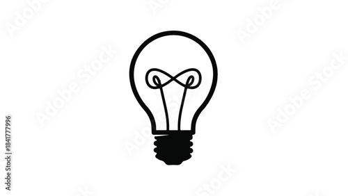 Simple black lightbulb icon with twisted filament on white background, symbolizing idea, inspiration, innovation, and creativity