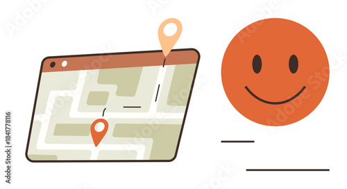 Map interface with two location markers, dotted path, and happy face expressing satisfaction. Ideal for navigation, location tracking, travel, customer feedback, positive experience, direction user
