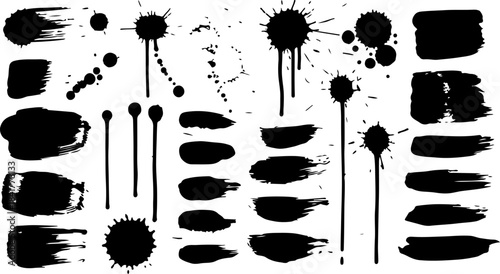 Collection of black ink splatters and brush strokes
