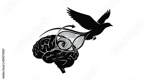 Creative thinking concept with bird flying out of brain with swirling thoughts, symbolizing innovation and freedom of mind