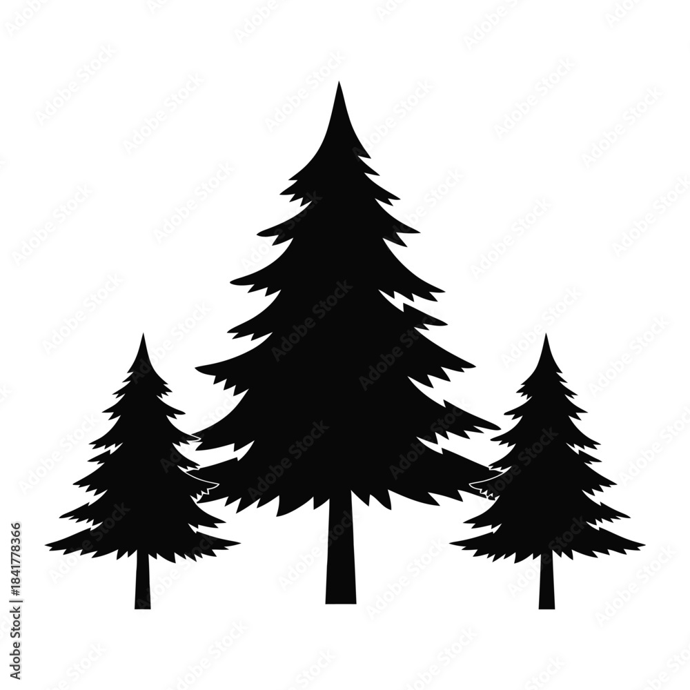 Obraz premium Three conifer trees black silhouette illustration on a plain white background