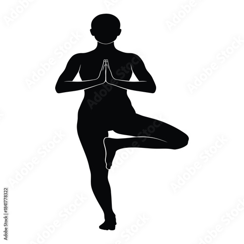 Silhouette illustration of a woman performing the tree pose (vrikshasana) yoga posture