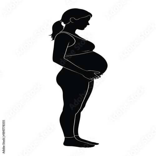 A silhouette illustration of a pregnant woman holding her prominent baby bump from a side profile perspective.