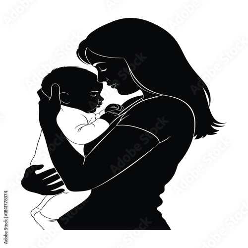 Silhouette illustration of a caring mother embracing her baby with gentle affection