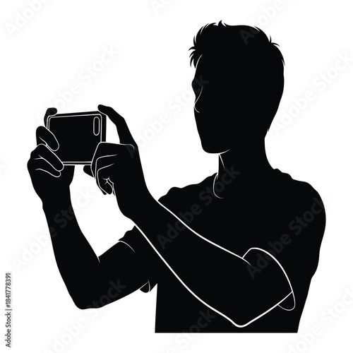 A silhouette illustration of a person holding a smartphone horizontally to take a picture