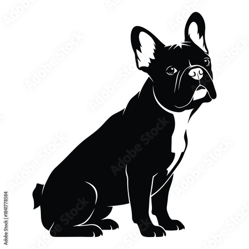 A striking black and white silhouette illustration of a sitting french bulldog
