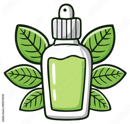 Natural medicine bottle decorated with green leaves graphic art, nature remedy concept