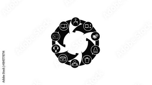 Social media icons in a circular arrangement with hands holding symbols of online communication and networking on a white background