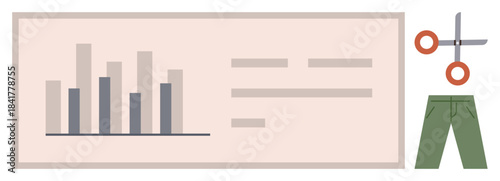 Bar chart analysis beside scissors and pants conveying creativity, tailoring, or editing process. Ideal for data presentation, fashion design, productivity tools, tailoring concepts, analytics