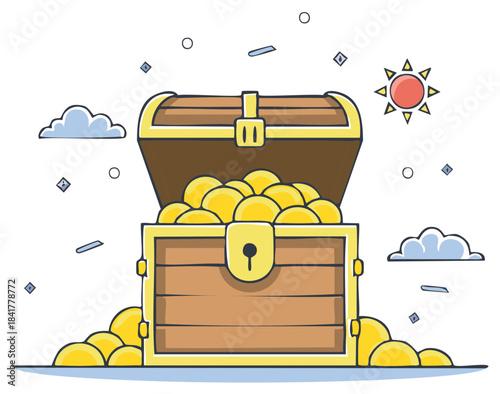 Bright cartoon illustration of an open wooden treasure chest overflowing with gleaming gold coins