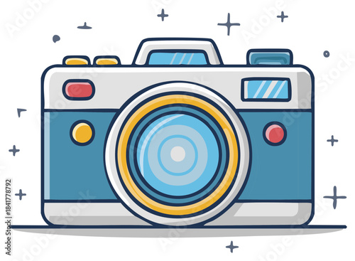 A colorful vintage style cartoon illustration of an old fashioned camera with a large lens
