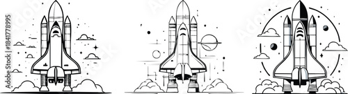 Space shuttle launch artwork using bold black outlines highlighting powerful lift off and clean aerospace form