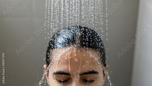 Close-up of a woman's face under a refreshing shower, water cascading down