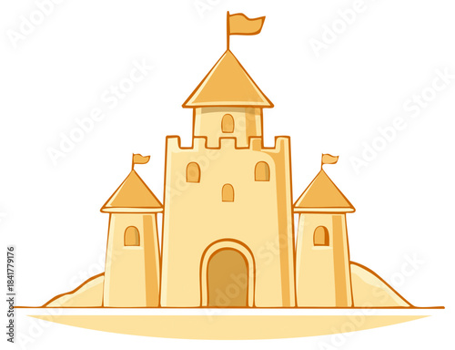 Cartoon sandcastle with towers and flags illustration for summer beach vacation theme