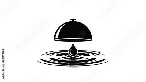 Black and white illustration of a cloche with a water droplet creating ripples, symbolizing food service or culinary concept