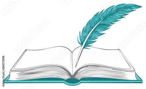Turquoise feather quill pen resting on an open blank book on a white background