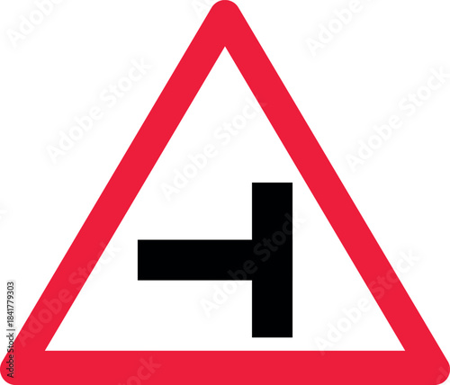 T-junction road sign warning symbol for traffic intersection ahead safety and navigation concept isolated on white
