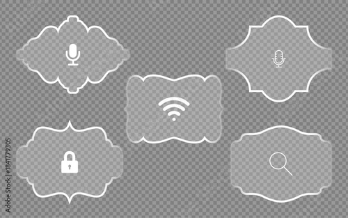 Light frame liquid glass, glass panel set for mobile and web apps, and tech board frame in futuristic style. HUD element interface, illustration. 
Light glass collection with glow effect