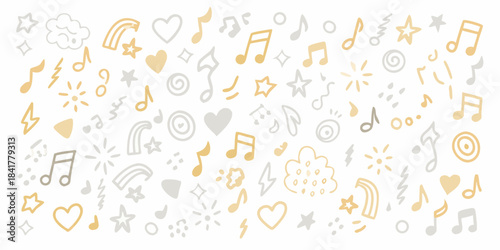 A whimsical background with musical notes hearts stars and playful doodles