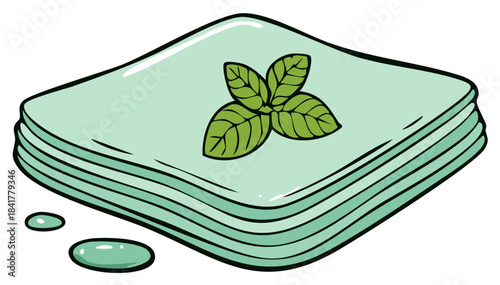 Stack of Light Green Napkins with Basil Leaves and Water Droplets Illustration
