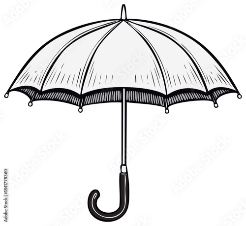 Classic open umbrella illustration in a black and white hand drawn style with a curved handle