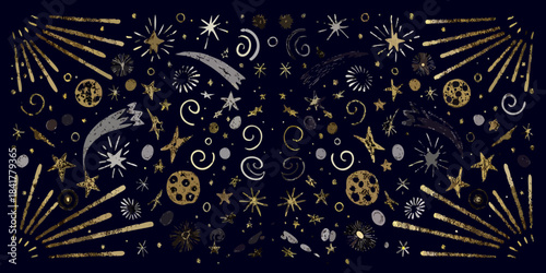 A whimsical collection of golden and silver fireworks and celestial elements