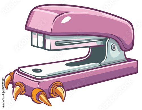 Quirky Pink Stapler with Monster Claws Office Supply Illustration