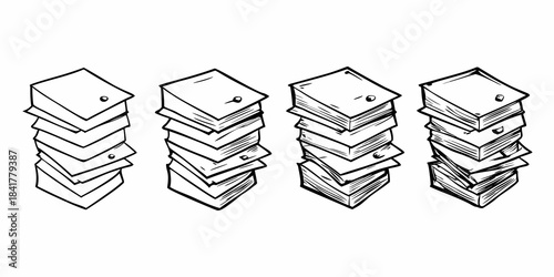 A simple sketch depicting four stacks of books all bound with string