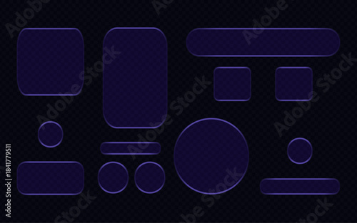 Light frame liquid glass, glass panel set for mobile and web apps, and tech board frame in futuristic style. HUD element interface, illustration. 
Light glass collection with glow effect